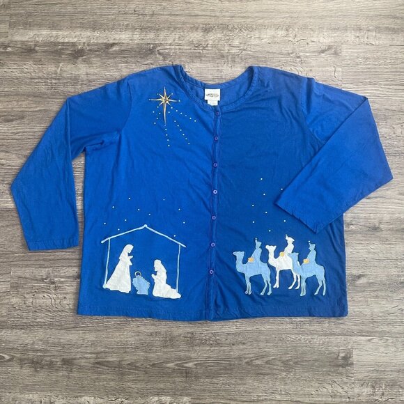 VTG 90s Collections Etc Blue Christmas Baby Jesus Manger Wisemen Cardigan Sz 2XL - Picture 1 of 7